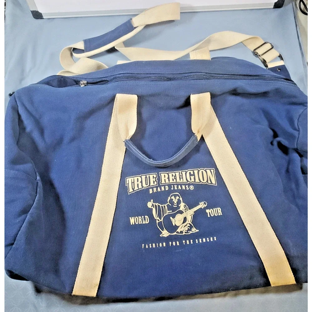True Religion Canvas Duffle Bag Blue Cream World Tour Buddha Travel Gym Y2K
